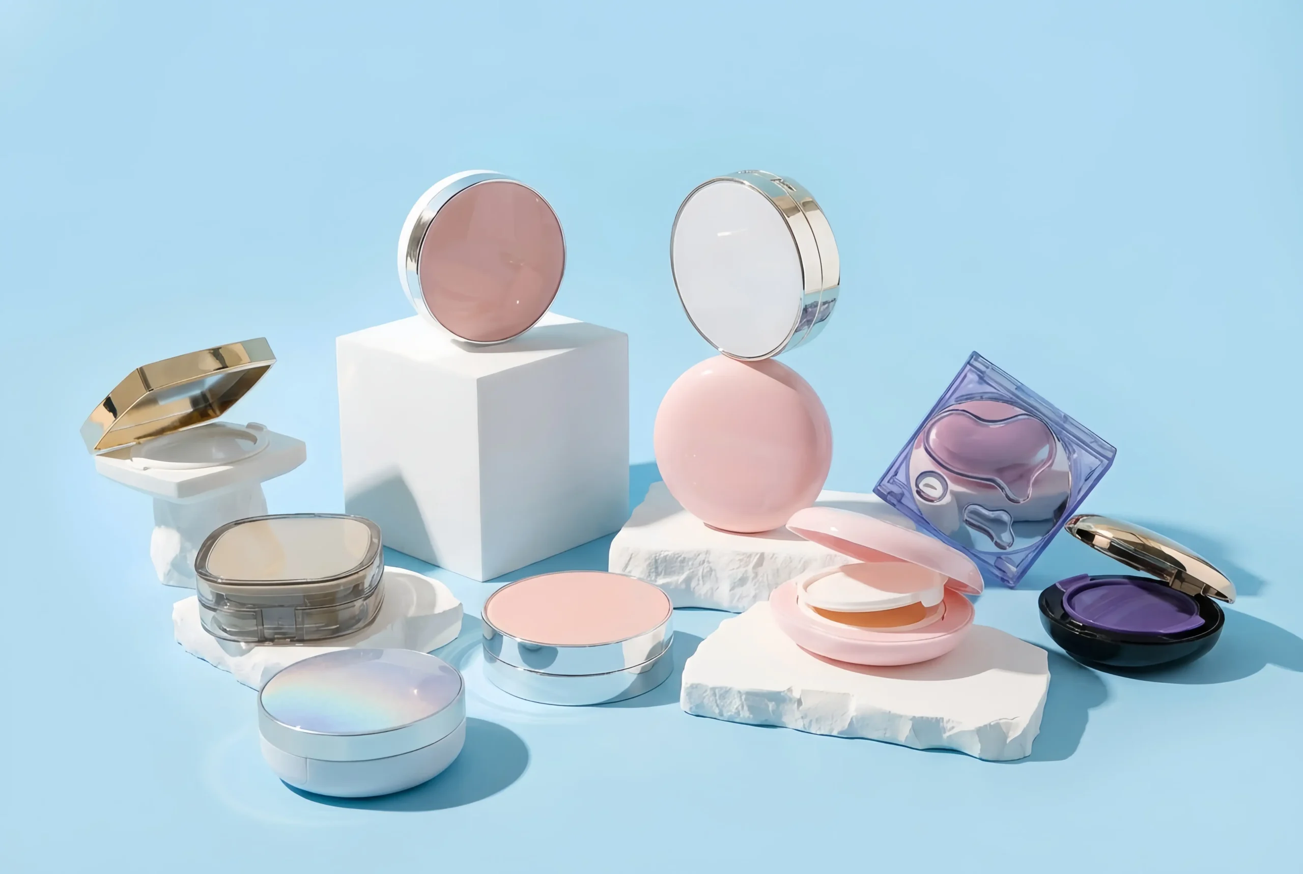 Collection of empty air cushion compacts featuring holographic, metallic silver, and pink designs, including round and square shapes, manufactured by China factory