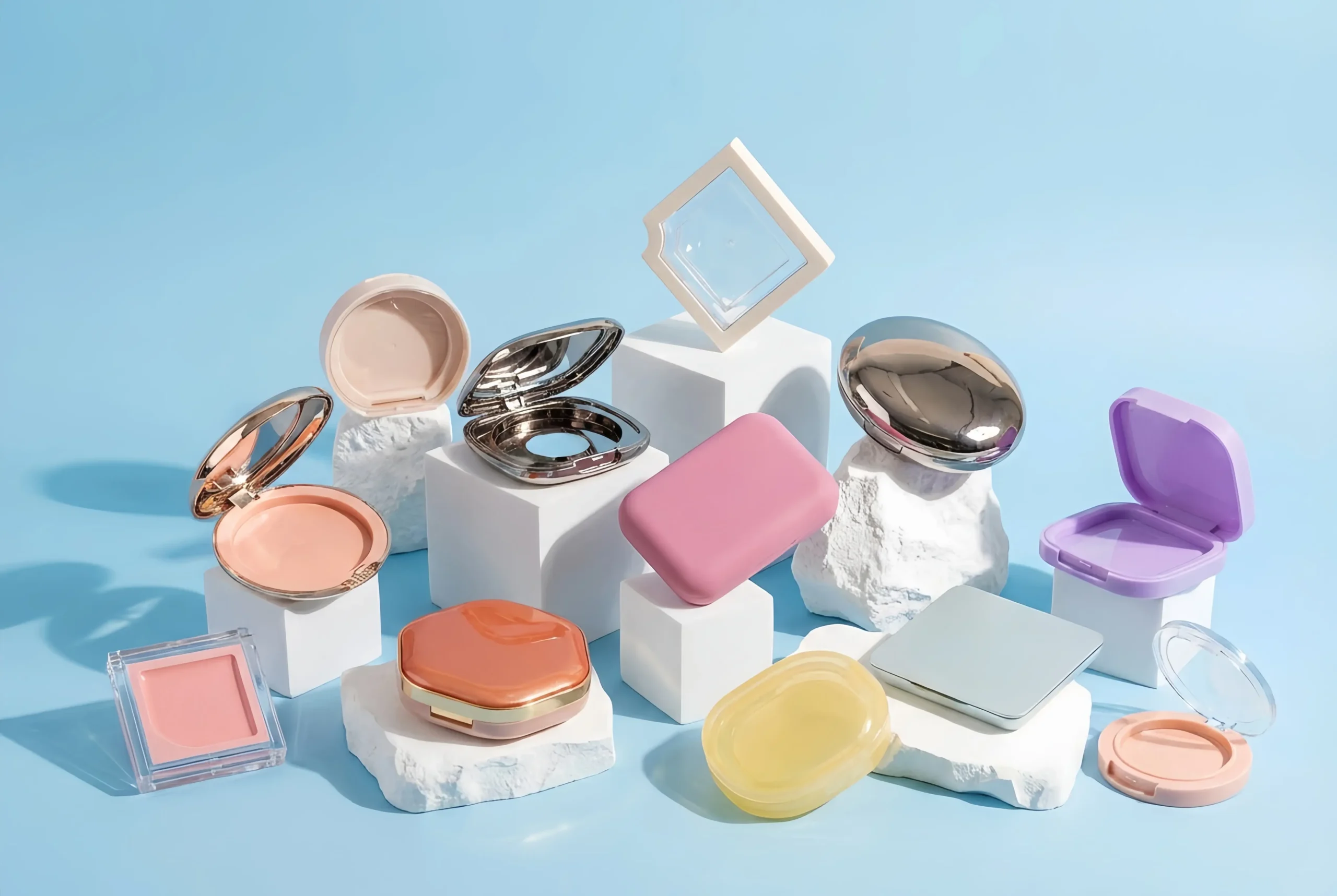 Collection of empty cosmetic compacts featuring metallic hexagon, matte pink rectangle, and clear square shapes, manufactured by China factory.