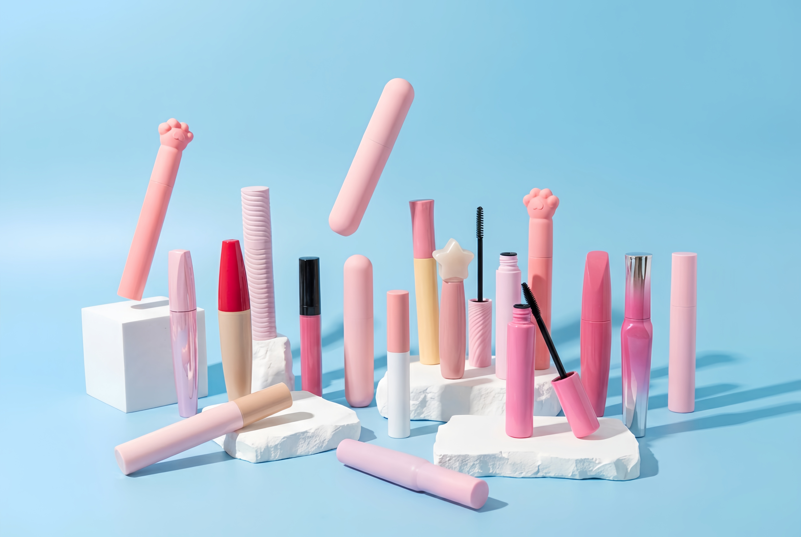 Collection of pink and gradient empty mascara tubes, featuring novelty cat paw and star shaped caps, manufactured by China factory.